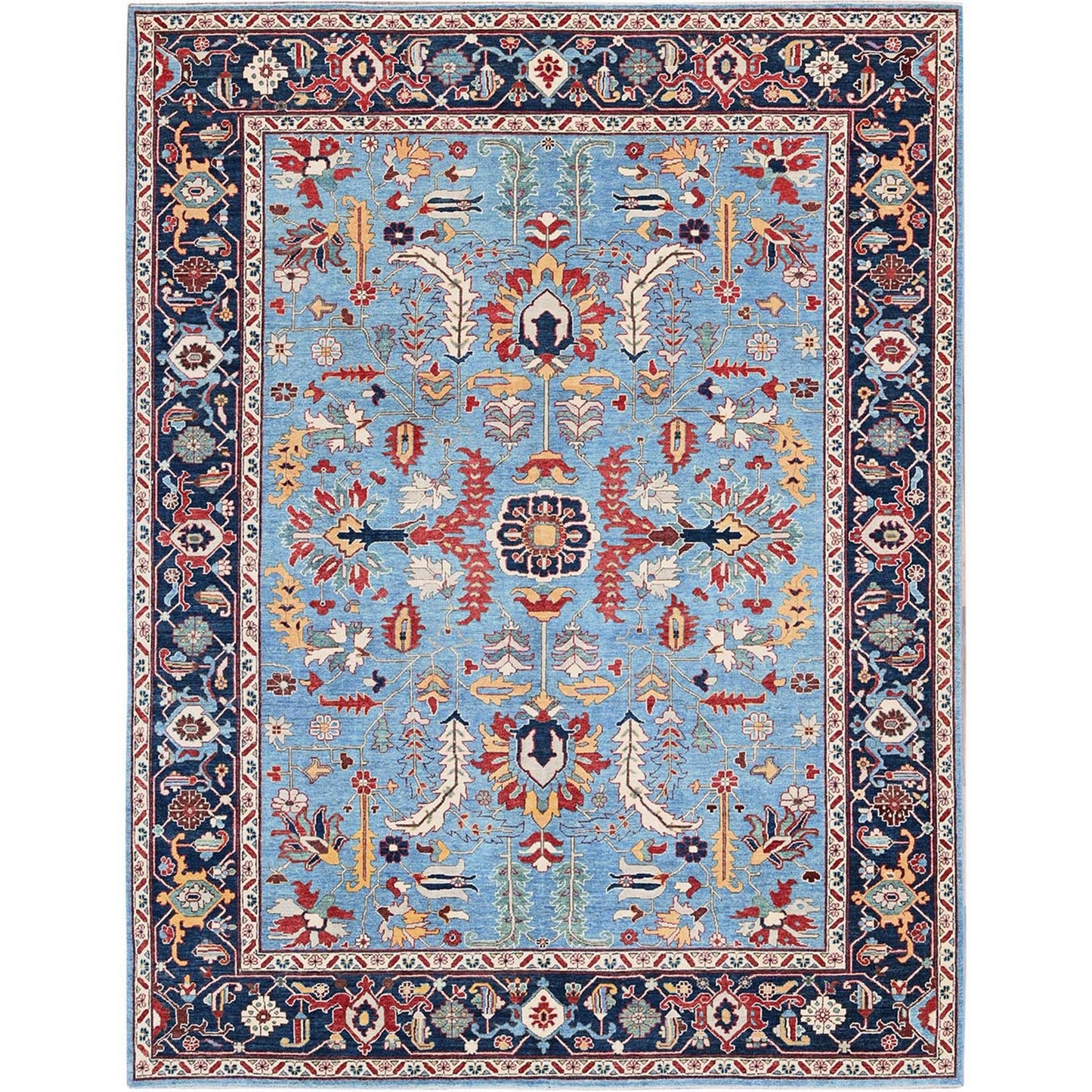 9'2"X11'8" Blue Peshawar With Heris All Over Design Wool Hand Knotted Rug