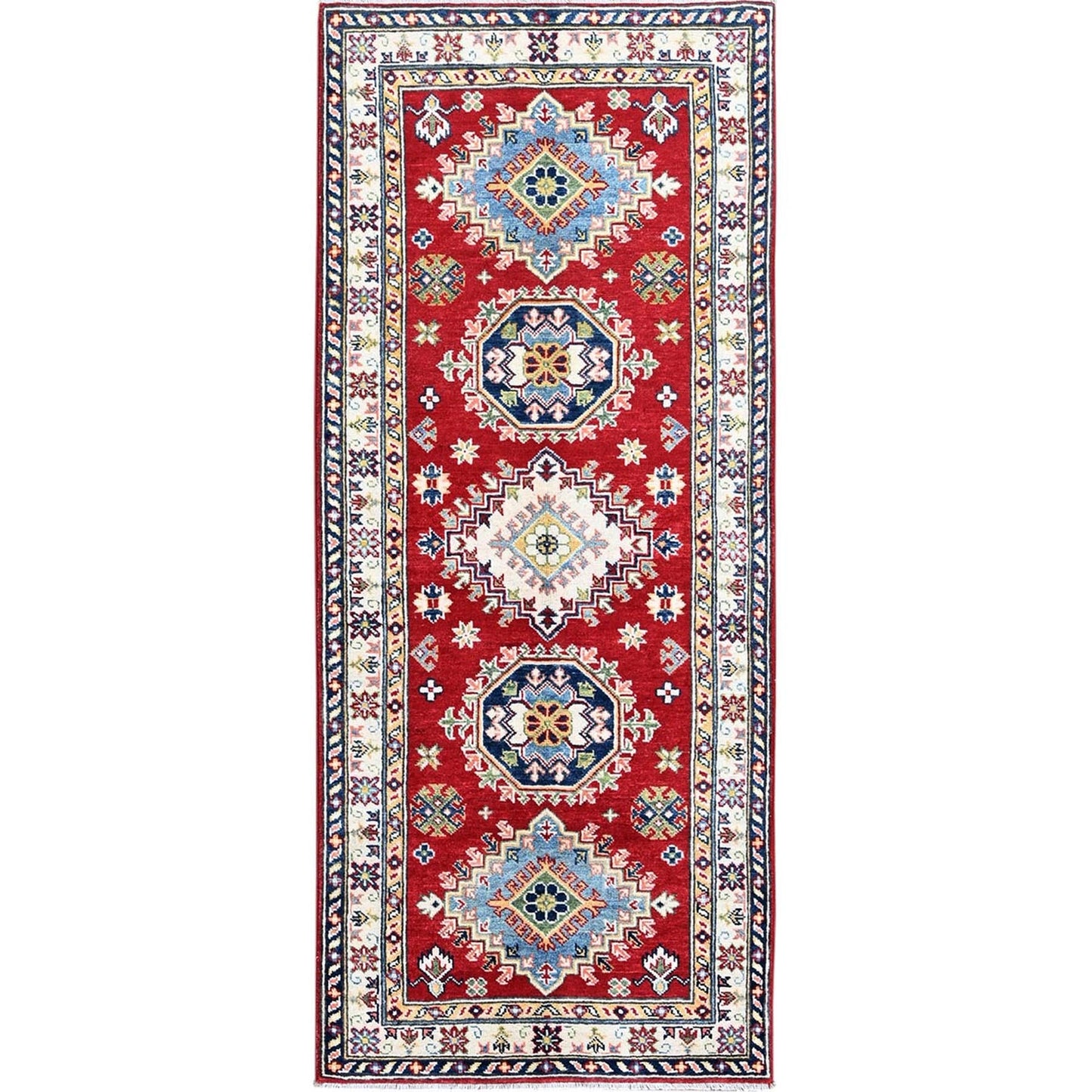 2'9"X6'6" Red Kazak With Geometric Design Soft Wool Hand Knotted Runner Rug