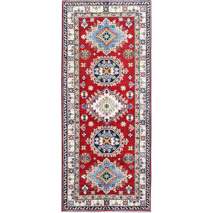 2'9"X6'6" Red Kazak With Geometric Design Soft Wool Hand Knotted Runner Rug