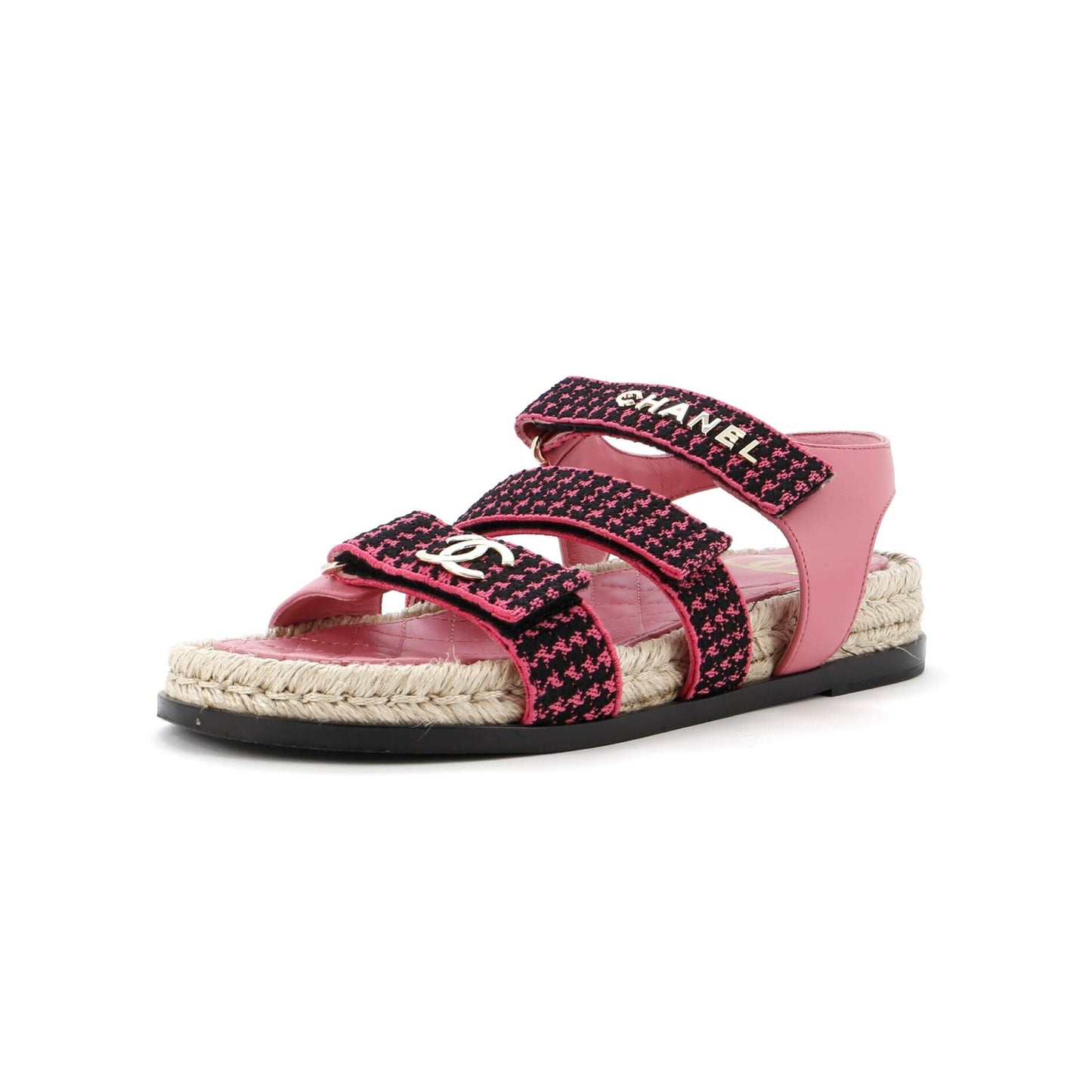 Chanel Women'S Logo Triple Strap Espadrille Sandals Fabric And Leather