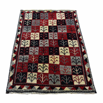 3'7"X5'7" Red New Farsian Gabbeh Checkers Design Hand Knotted Wool Rug