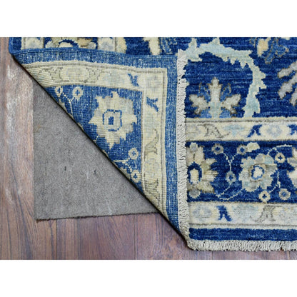 4'X11'8" Navy Blue Fine Peshawar Soft Wool Hand Knotted Wide Runner Rug