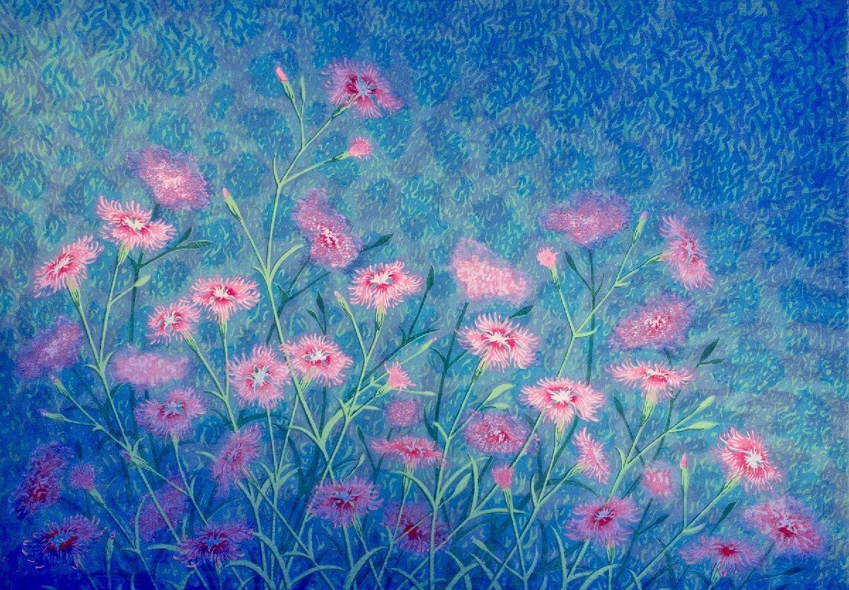 Munenori Makino Nadeshiko Flowers 1989 Japanese Woodblock Print Signed Sheet