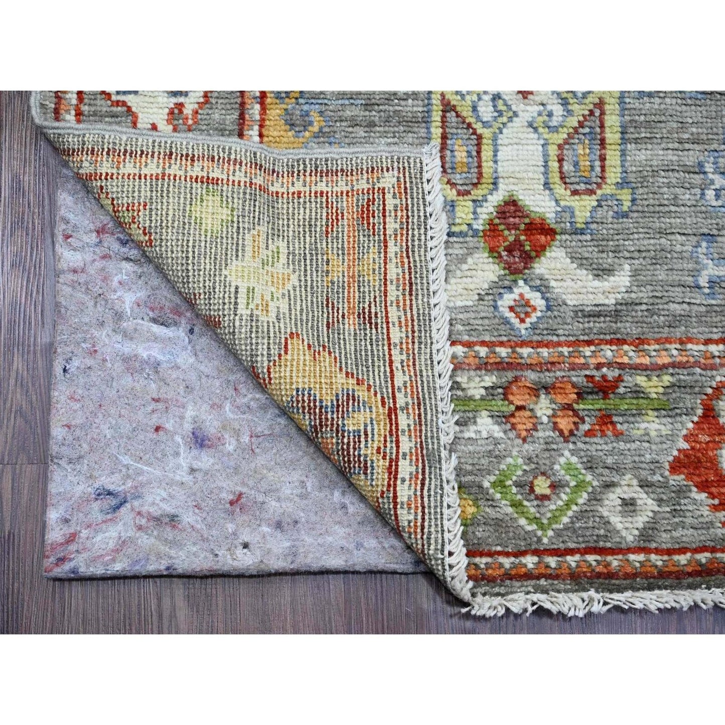2'9"X9'6" Gray Angora Oushak Leaf Design Hand Knotted All Wool Runner Rug