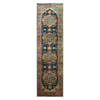 2'7"X10' Navy Heris With Geometric Design Hand Knotted Wool Runner Rug