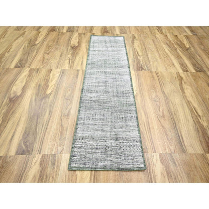 2'7"X8' White & Green Hand Knotted Oxidized Grass Design Wool Runner Rug