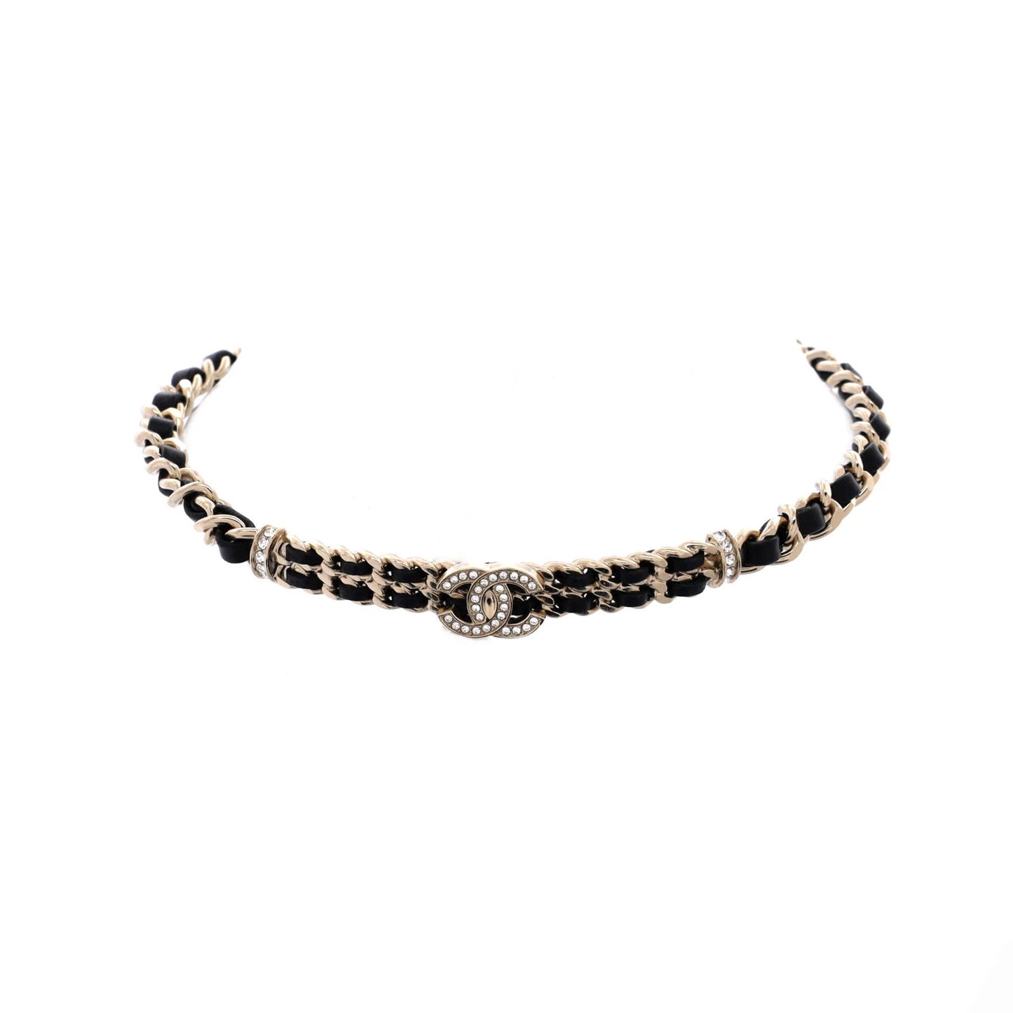 Chanel Crystal Cc Double Chain Choker Necklace Metal With Crystal And Leather