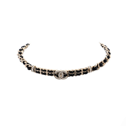 Chanel Crystal Cc Double Chain Choker Necklace Metal With Crystal And Leather