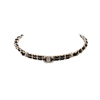 Chanel Crystal Cc Double Chain Choker Necklace Metal With Crystal And Leather