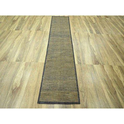 2'6"X10' Brown Pure Wool Rug Hand Knotted Distressed Grass Design Runner