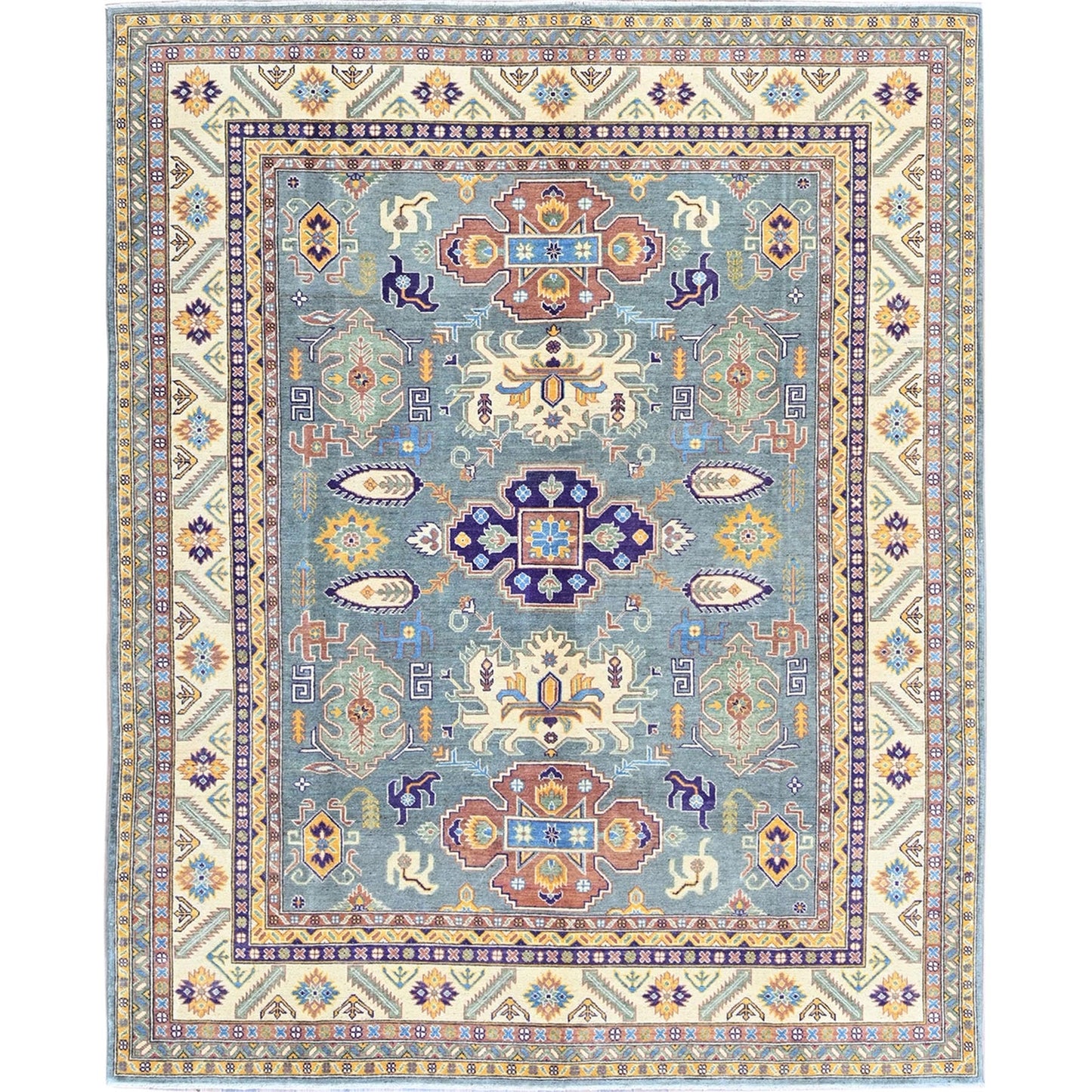 8'X10' Misty Gray Kazak With Medallions Design Hand Knotted Soft Wool Rug