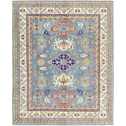 8'X10' Misty Gray Kazak With Medallions Design Hand Knotted Soft Wool Rug