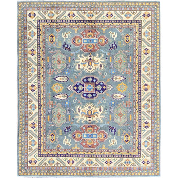 8'X10' Misty Gray Kazak With Medallions Design Hand Knotted Soft Wool Rug