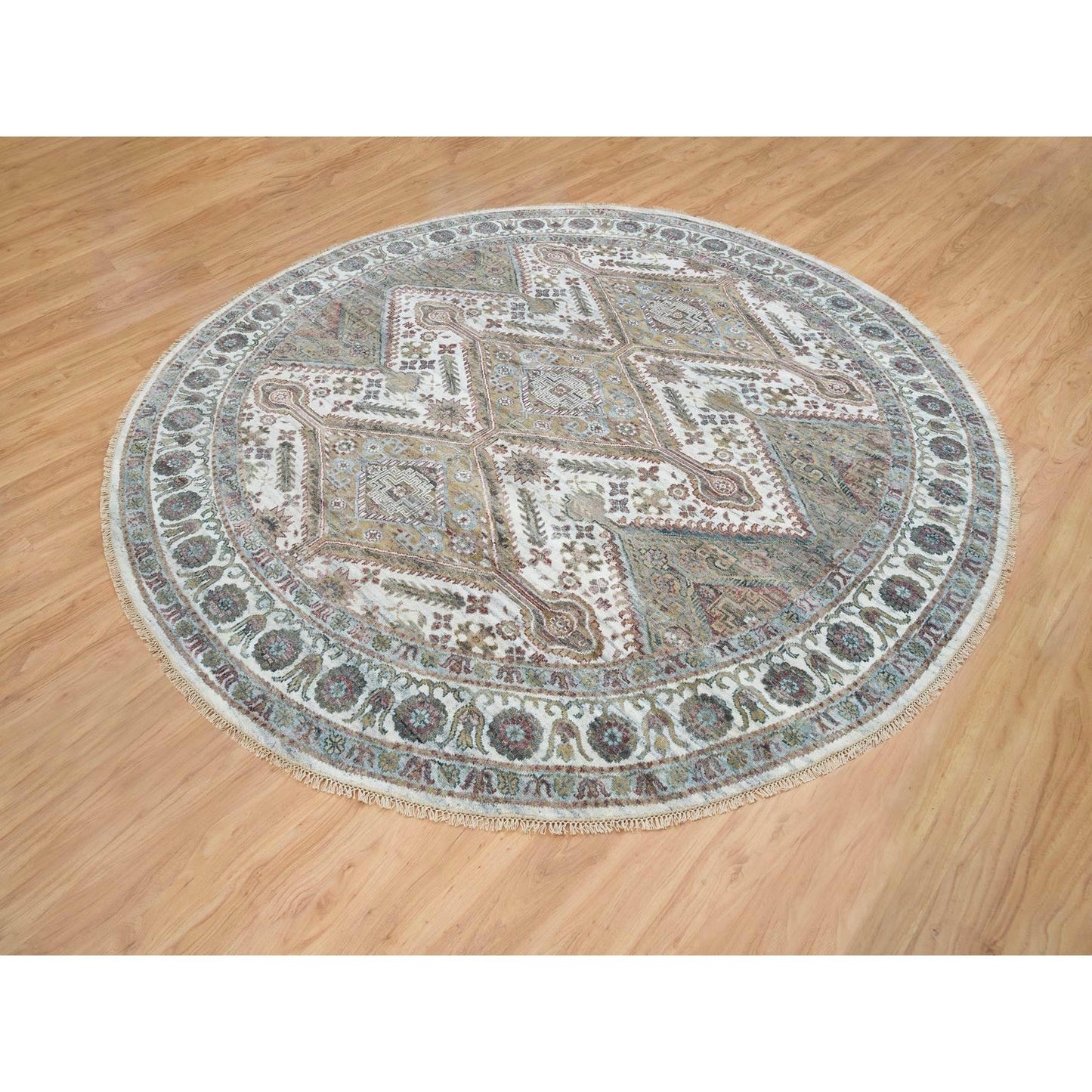 9'9"X9'9" Ivory Hand Knotted Flower Rosettes Border Round Oriental Rug