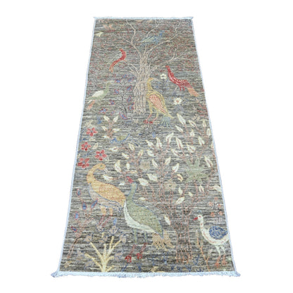 2'6"X6'2" Gray Afghan Peshawar Birds Design Wool Hand Knotted Runner Rug