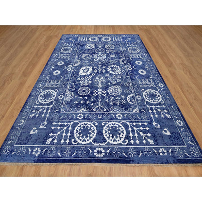 9'X12' Yale Blue Hand Knotted Tebraz With Leaf Motifs Wool And Silk Rug