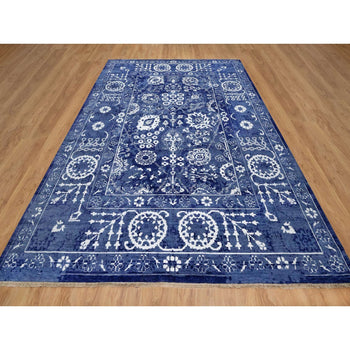 9'X12' Yale Blue Hand Knotted Tebraz With Leaf Motifs Wool And Silk Rug