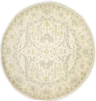 Hand-Knotted Oushak Oriental Round Rug Floral