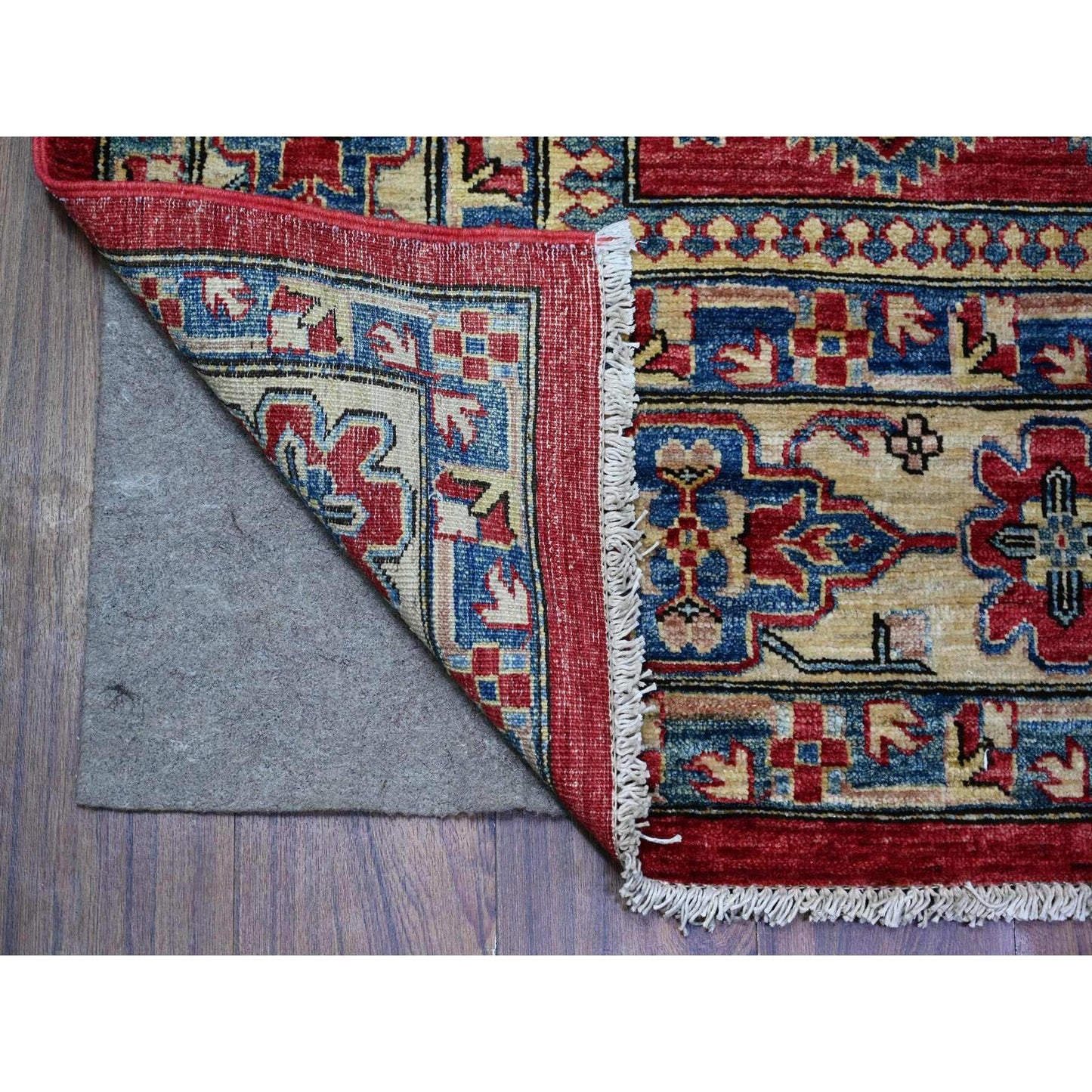 6'9"X9'9" Red Wool Afghan Super Kazak Geometric Elements Hand Knotted Rug