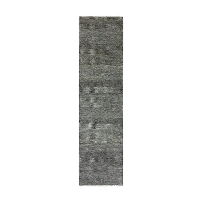 2'6"X10' Pastel Gray Hand Knotted Grass Design Undyed Wool Runner Rug