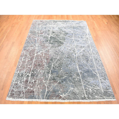 7'7"X10'1" Gray Hand Knotted Broken Zoroastrian Design Silk With Wool Rug