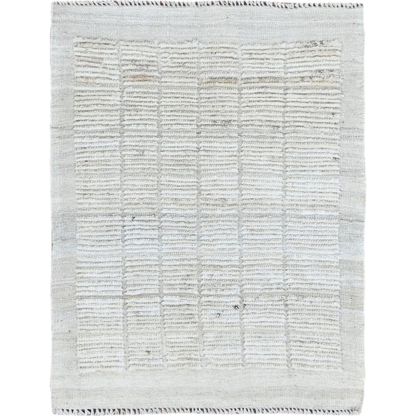 2'4"X3' Ivory Hand Knotted Moroccan Weave With Box Design All Wool Mat Rug