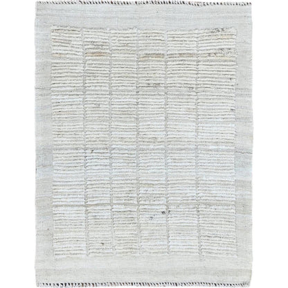 2'4"X3' Ivory Hand Knotted Moroccan Weave With Box Design All Wool Mat Rug