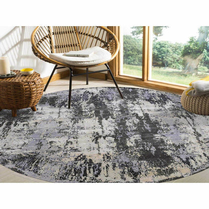 10'X10' Charcoal Gray Wool And Silk Denser Weave Hand Knotted Round Rug