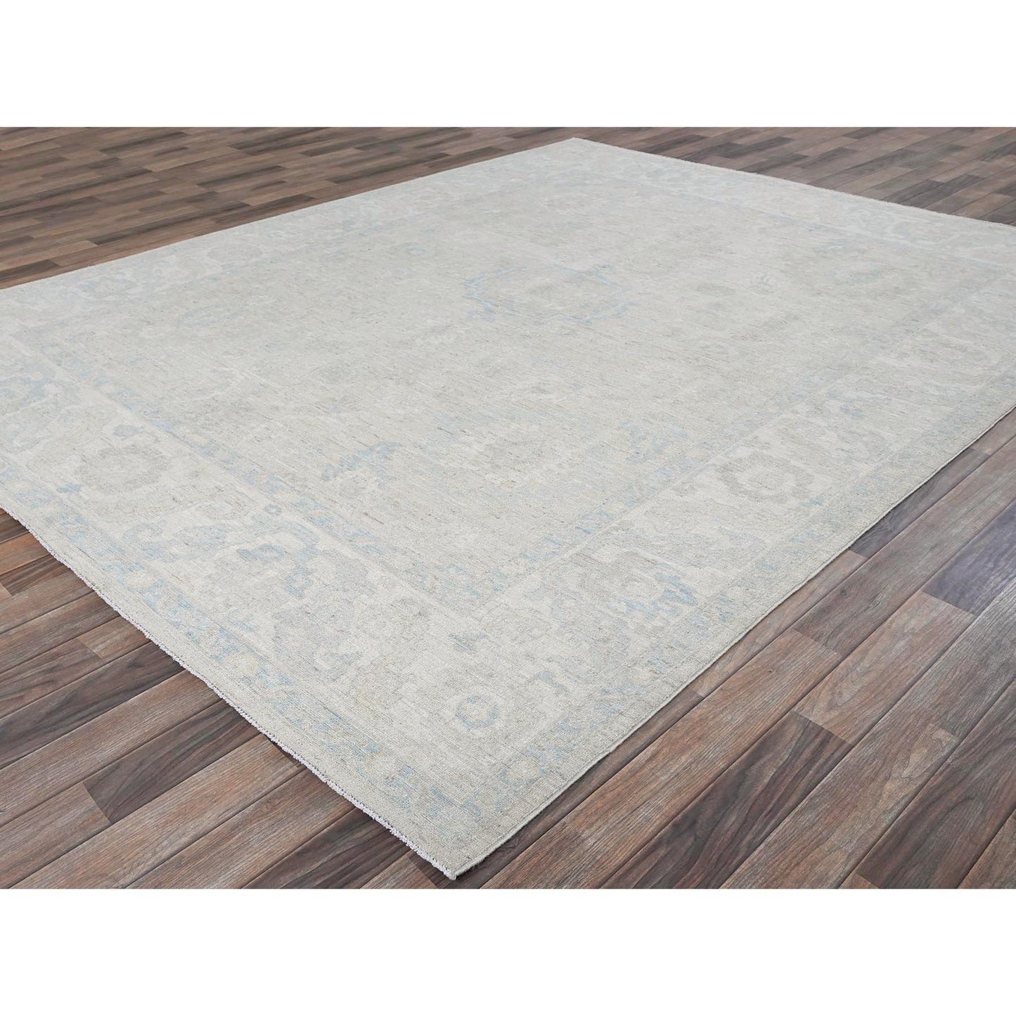 7'9"X9'10" Bone White Washed Out Peshawar Pure Wool Hand Knotted Rug