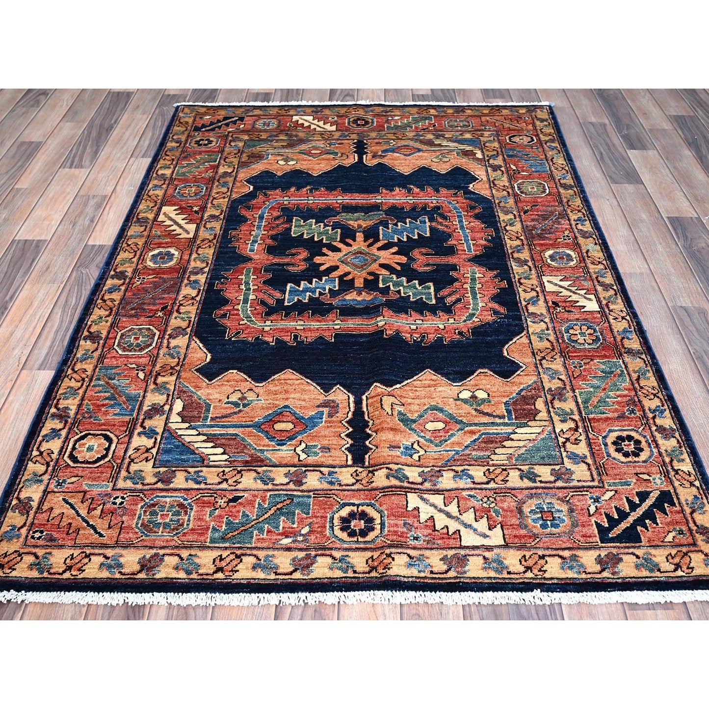 4'1"X6'2" Blue Heris Vegetable Dyes Design Extra Soft Wool Oriental Rug