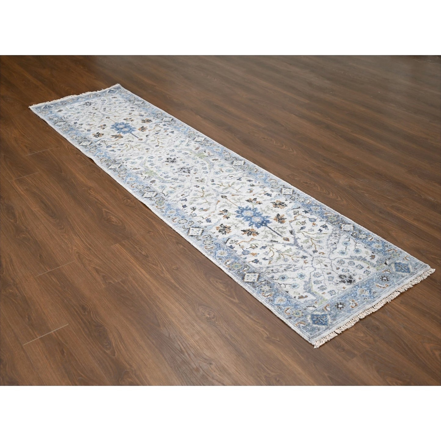 2'7"X9'10" Agate Gray Oushak Floral Motifs Wool Hand Knotted Runner Rug