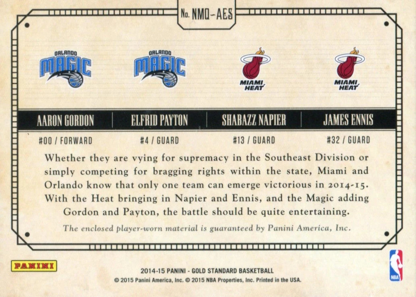 Aaron Gordon, Shabazz Napier, Elfrid Payton, James Ennis 2014 Patch Card 22/25