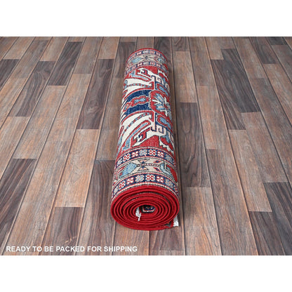 2'9"X9'10" Red Kazak With Tribal Design Soft Wool Hand Knotted Runner Rug
