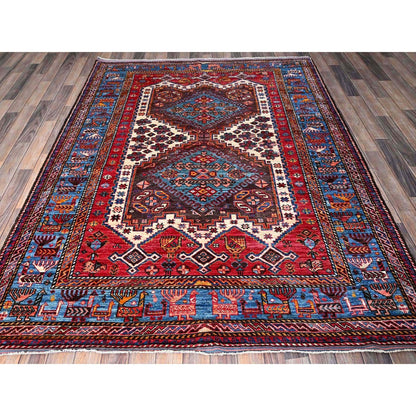6'X7'8" Ivory Afghan Caucasian Design Revival Soft Wool Hand Knotted Rug