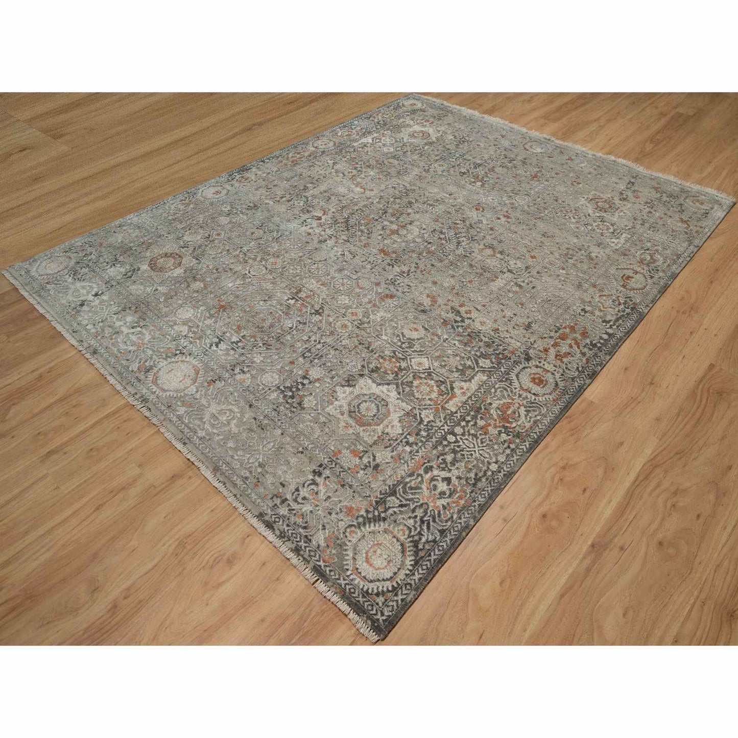 7'9"X10' Gray Broken And Erased Mamluk Design Hand Knotted 100% Wool Rug
