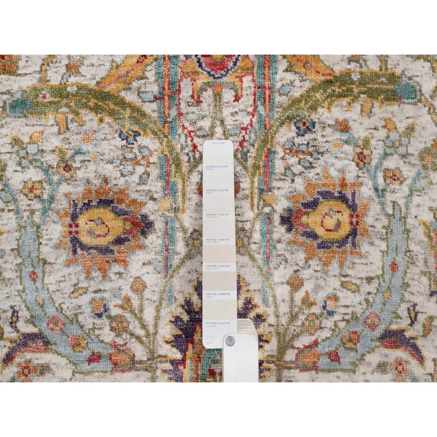 2'5"X6' Ivory Runner Rug Silk With Textured Wool Leaf Design Hand Knotted