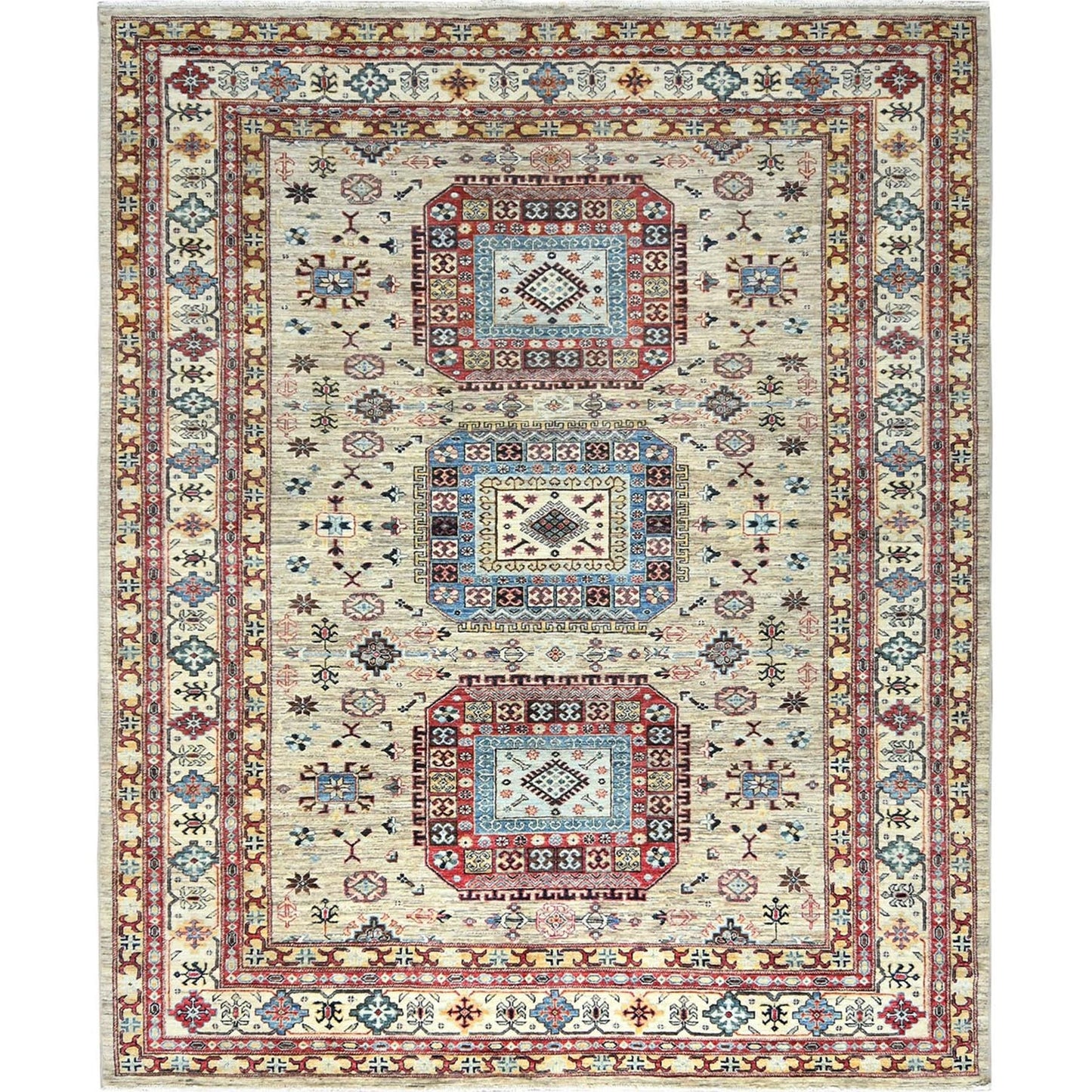8'X9'6" Cream Afghan Super Kazak Soft Wool Hand Knotted Oriental Rug
