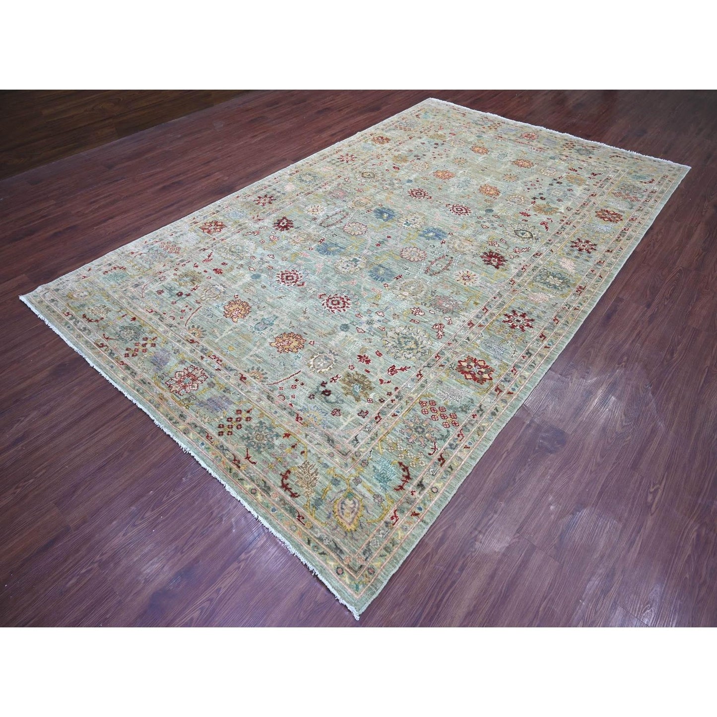 Hand knotted wool rug Green Peshawar design 7'3 x11'8" Ziegler Mahal