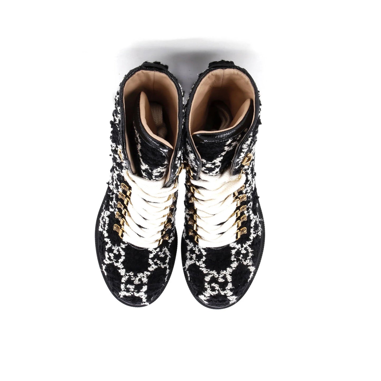 Gucci Women'S Heeled Lace Up Combat Ankle Boots Gg Tweed