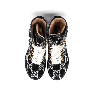 Gucci Women'S Heeled Lace Up Combat Ankle Boots Gg Tweed