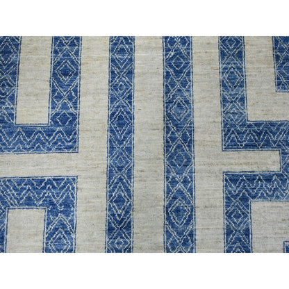 9'2"X11'9" Denim Blue Maze Design Berber Influence Hand Knotted Wool Rug