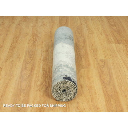 4'2X12' Iridium Black Hand Knotted Abstract Wool And Silk Wide Runner Rug