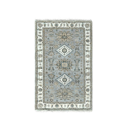 3'1"X5' Gray Hand Knotted Karjihooz And Geometric Design Organic Wool Rug