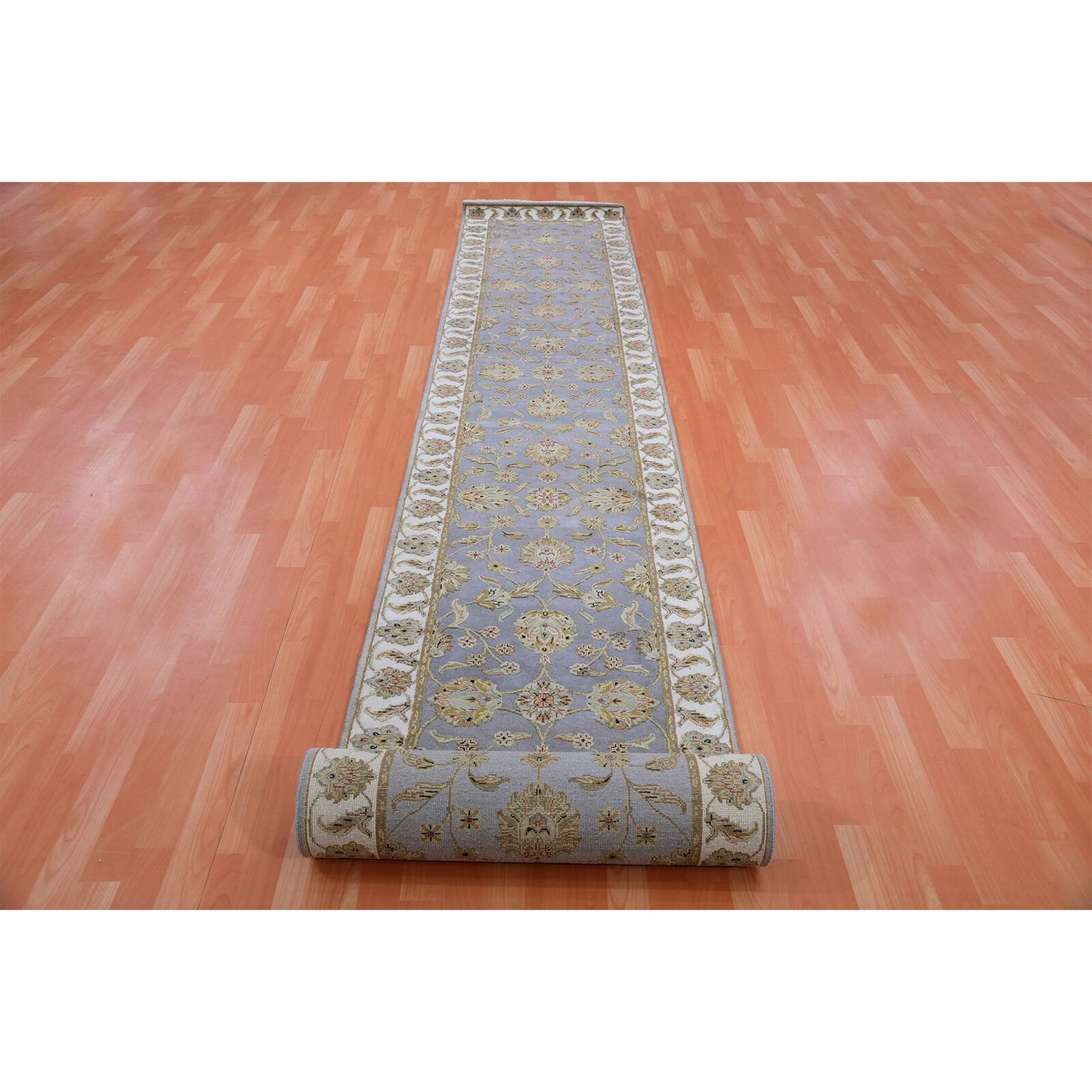 2'7"X18'8" Santorini Blue Rajasthan Hand Knotted Wool Silk Xl Runner Rug