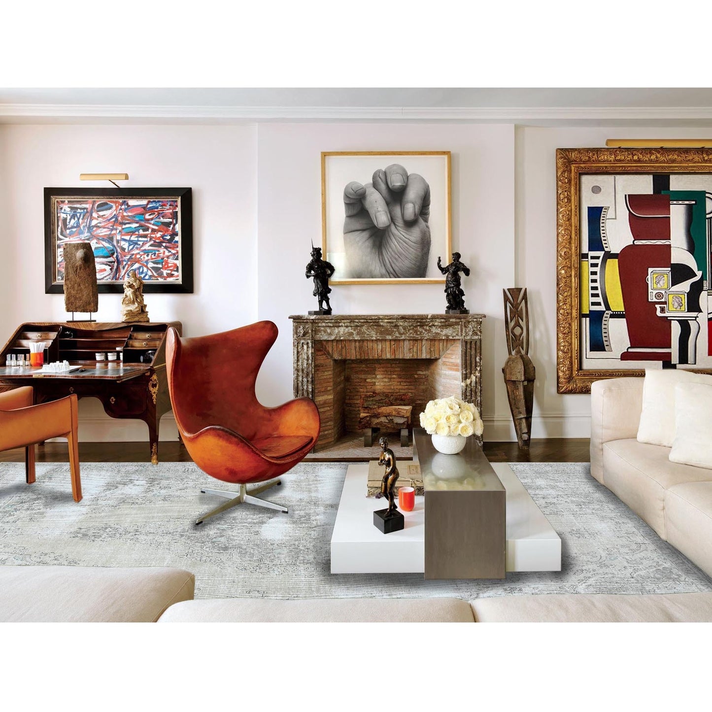 9'8"X12'6" Wool Farsian Tebraz Vintage Clean Worn Ivory Hand Knotted Rug