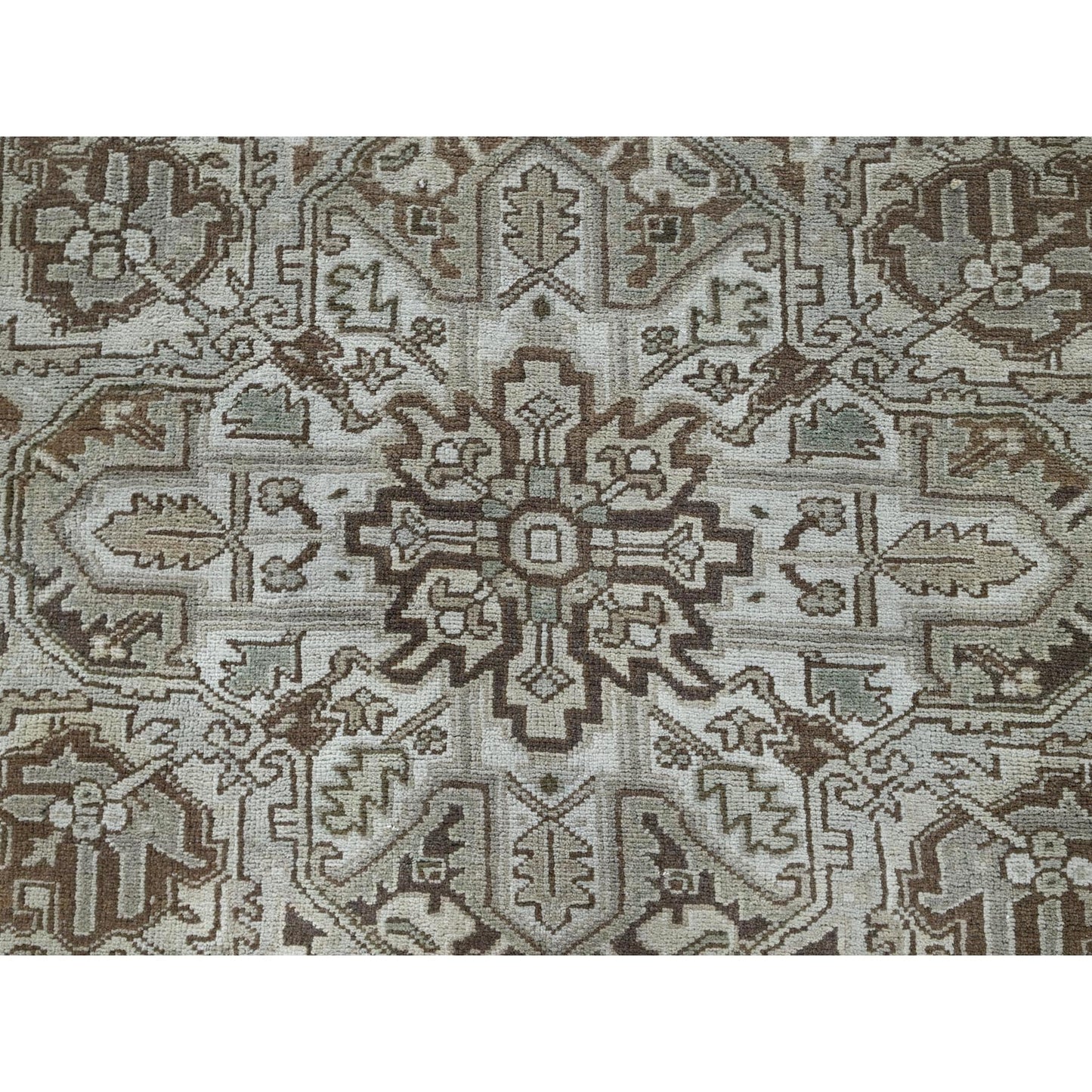 7'1"X9'8" Beige Vintage And Worn Zoroastrian Heris Hand Knotted Wool Rug