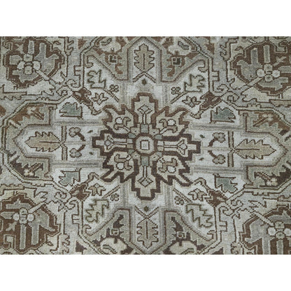 7'1"X9'8" Beige Vintage And Worn Zoroastrian Heris Hand Knotted Wool Rug