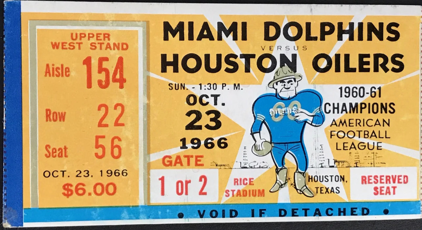 1966 Miami Dolphins @ Houston Oilers Inaugural Season 1St Road Win Ticket Stub