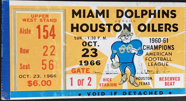 1966 Miami Dolphins @ Houston Oilers Inaugural Season 1St Road Win Ticket Stub