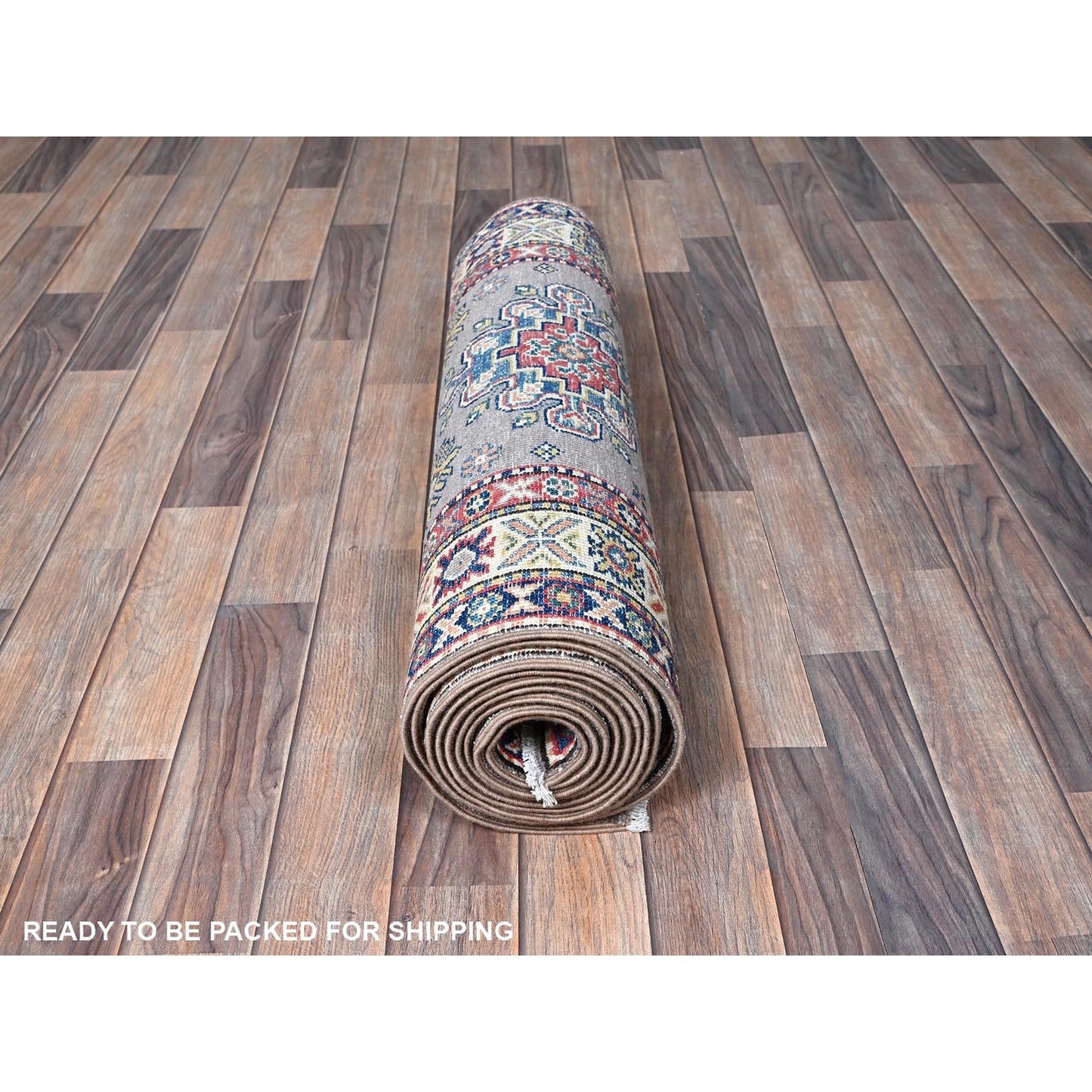 2'9"X12'6" Dove Gray Kazak With Tribal Design Hand Knotted Wool Runner Rug